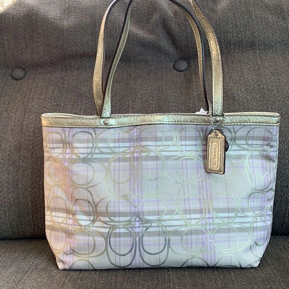 Coach tote mini gold and purple plaid NWT - Picture 2 of 12